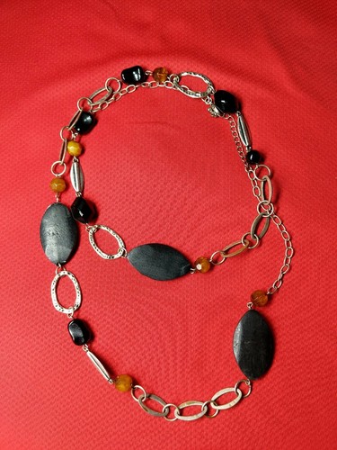 Wood Bead Link Chain Long Silver Tone Collar Necklace 38" - Picture 2 of 6