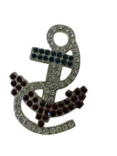Anchor Brooch Pin With Red & Blue Rhinestones 2" Statement Nautical