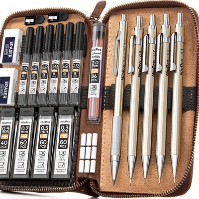 Nicpro Druckbleistift Set 29 Stück Metall Lederetui 0 3 0