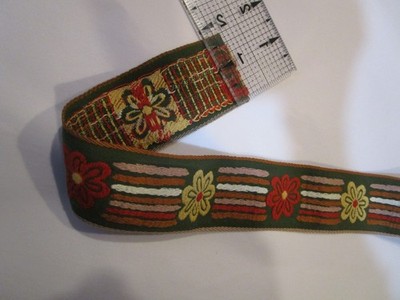 VTG 1970s 54'' length 1.75'' W embroidered ribbon Guitar Strap Green Gold orange