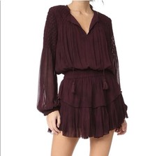 LoveShackFancy Smocked Popover Mini Dress XS Burgundy Long Sleeve Romantic Fall