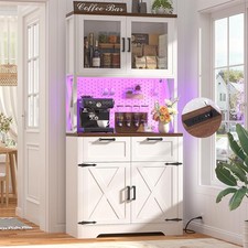 71" Kitchen Pantry Cabinet W/ LED Light Outlet Microwave Stand White Rustic