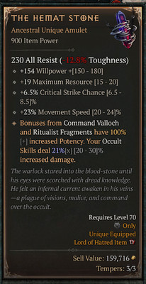   DIABLO 4 SEASON 13   The Hemat Stone   Unique Ancestral Ring   0-4 GA
