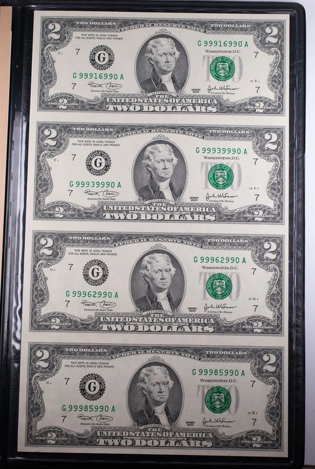 World Reserve 2003 $2 United States Currency Uncut Sheet 4 Notes UNC - Image 2 of 4