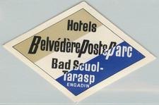 Hotel Belvedere Post e Parc ~ENGADIN - SWITZERLAND~ Old Luggage Label, c. 1940