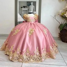 Pink Flower Girl Dress for Wedding Short Sleeve With Bow Gold Lace Appliques