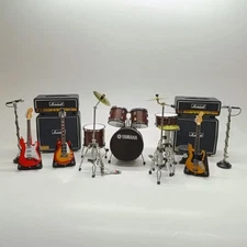 Miniature Drum Set Brown Rock Band 3 Guitars Mic Amplifier 2 Stage 1/12 Display