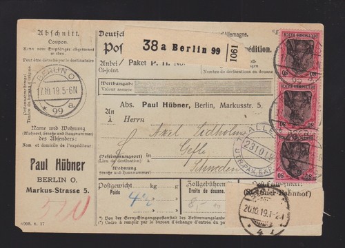 Paketkarte DR MeF Mi.44x 93II von Berlin nach Schweden 1919 gelaufen