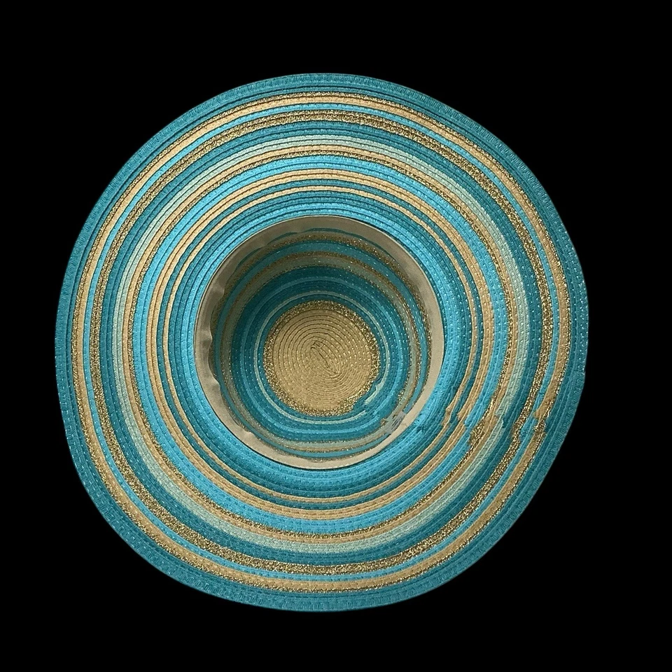 Sombrero para el sol de ala ancha Jaclyn Smith azul tostado dorado rayas metálicas Beach Resort Cruis Foto 4 de 4