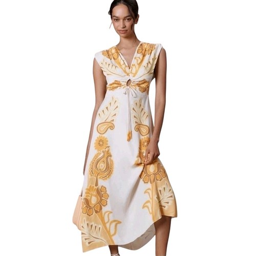 Farm Rio x Anthropologie (S) Floral Paisley Maxi Dress Yellow Cutout Boho NWT