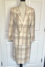 Vintage John Meyer Wool 2-Piece Skirt Suit Ivory & Beige Plaid Fully Lined