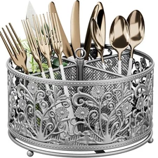 Silver 360 Rotating Utensil Caddy 4-Compartment Metal Flatware Organizer