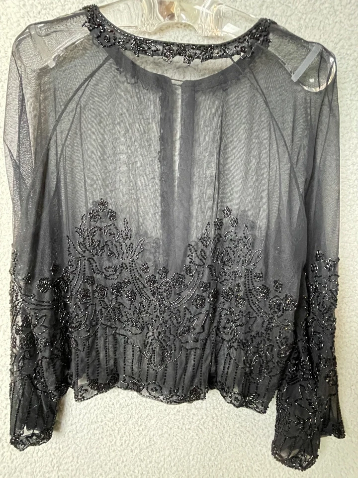 Chaqueta de Noche Transparente De Colección Años 80 Negra Malla Con Cuentas Frente Abierto Formal Glamour De Colección Foto 4 de 4