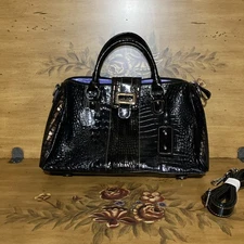 Madi Claire Satchel Croc Pattern Embossed Black & Bronze Handbag Purse 16"X9"X5"