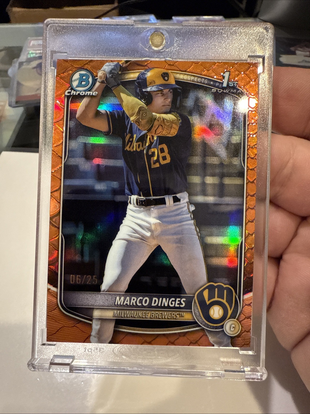 MARCO DINGES 2025 BOWMAN CHROME 1ST ORANGE REPTILIAN BREWERS #/25 BCP-183