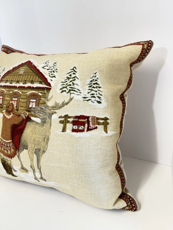 Hines of Oxford Pillowcase Tapestry Cover 18"x18" Winter Cabin Reindeer Girl EUC - Image 2 of 4