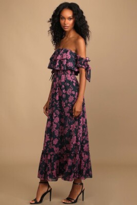 Lulus Love and Blooms Navy Blue Floral Print Off-the