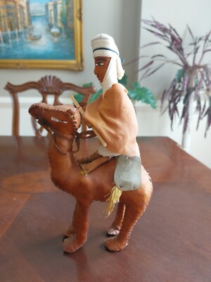  Vintage Leather Hand Stitched   Camel Figurine with Rider  Old 10 '' Tall