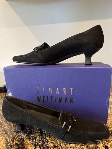 Stuart Weitzman Cabinet Black Suede Square Toe Kitten Heel Loafers 8.5N Slip On - Picture 2 of 11