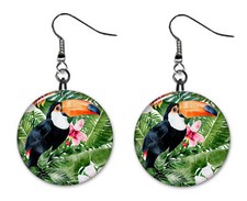 Tropical Toucan Bird Design, Button Earrings Jewelry 1" Dangle MADE IN USA NEW
