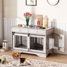 Double Dog Crate with 2 Drawers 47" TV Stand Style Dog Kennel Removable Divider