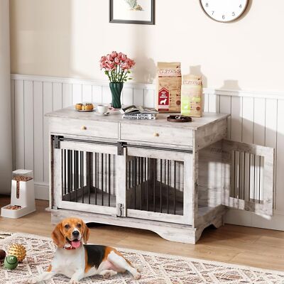 Double Dog Crate with 2 Drawers 47'' TV Stand Style Dog Kennel Removable Divider