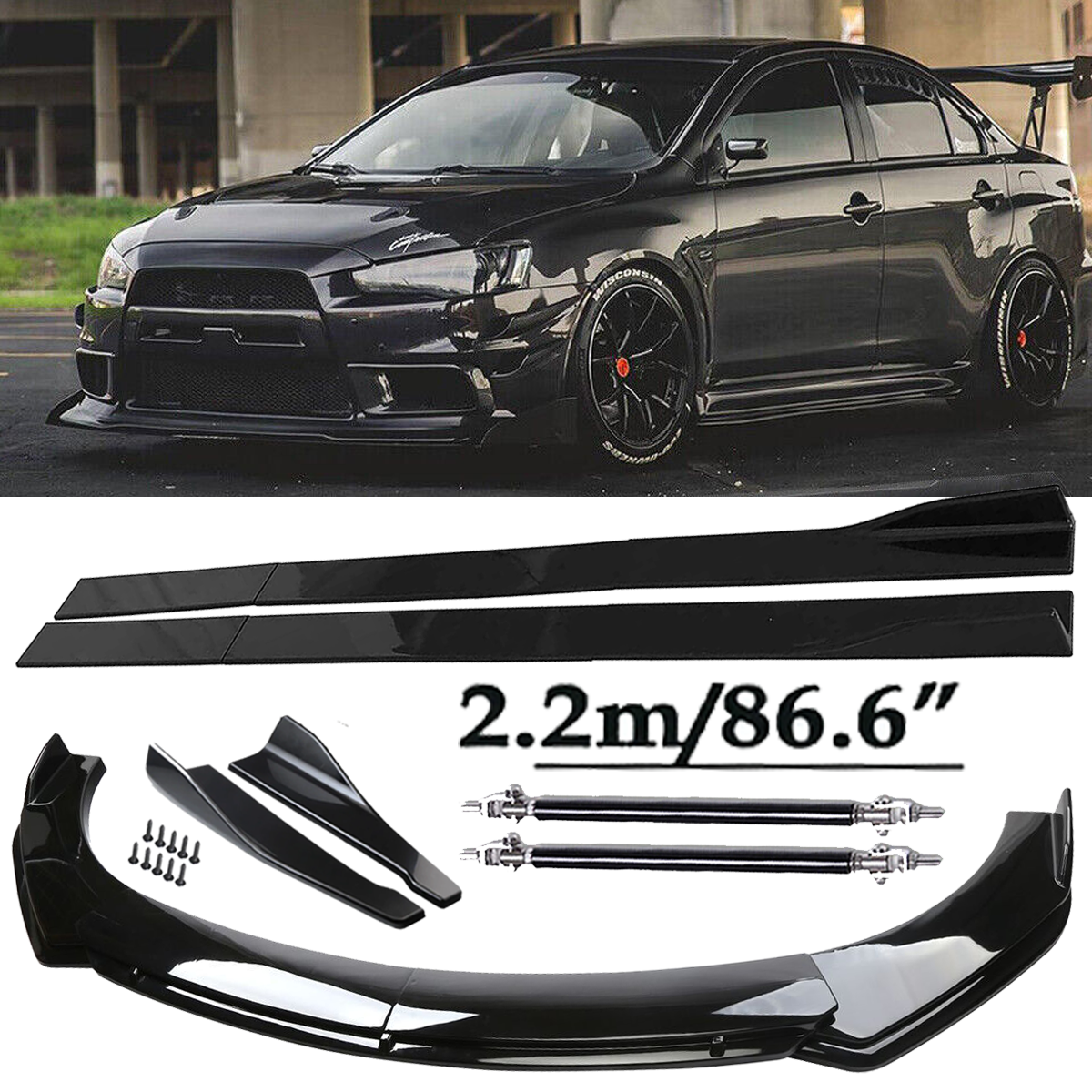 Front Bumper Lip Spoiler Side Skirts Rear Lip Glossy Black For Mitsubishi La