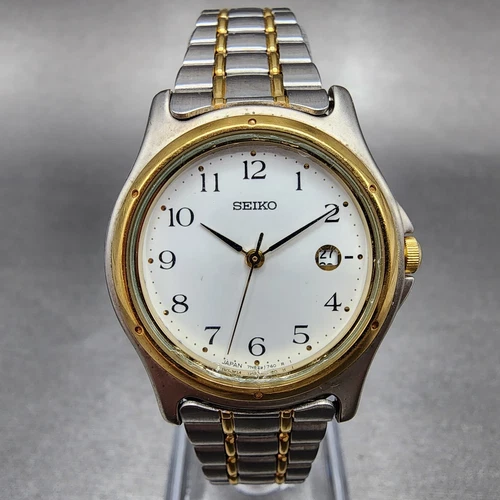Seiko Watch Women 28mm White Dial Two Tone Date Round 7N82-0790 New Battery