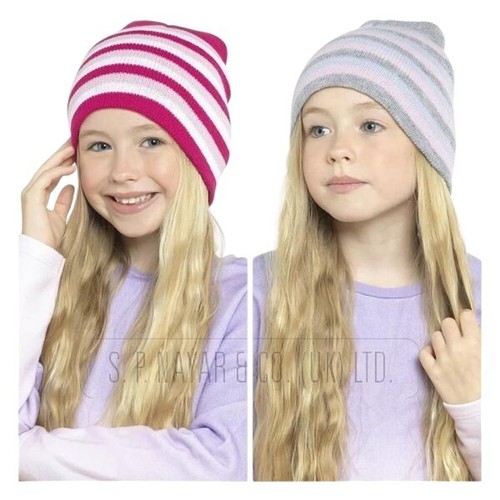 Girls New Organic Stripy Beanie Hat Cap Warm Winter UK One Size - Picture 2 of 5