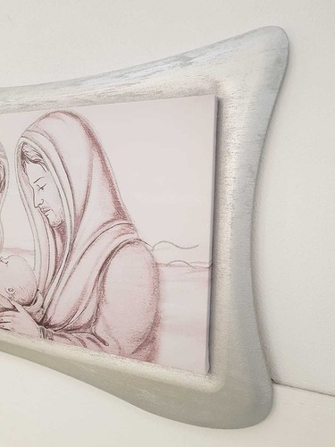 QUADRO MODERNO CORNICE ARGENTO E TELA CON SACRA FAMIGLIA PANNELLO - Picture 3 of 4