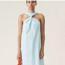 GANNI Printed Cotton Poplin Blue Dress, with Twisted Neckline UK12/DK40 RRP £225
