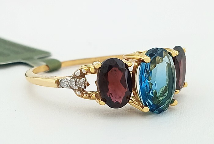 GENUINE BLUE ZIRCON, GARNET & DIAMOND RING 10K GOLD - Free Certificate - NWT