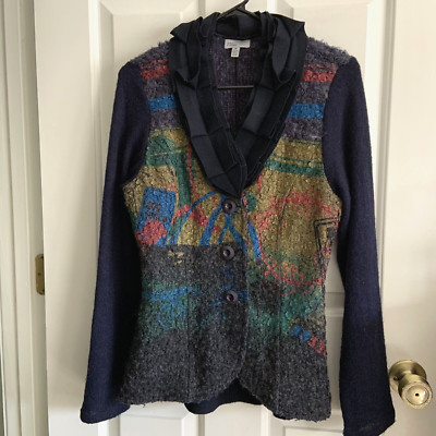 Linea Domani Painted sweater Cardigan Knit Blazer Ruffle Collar wool band sz M