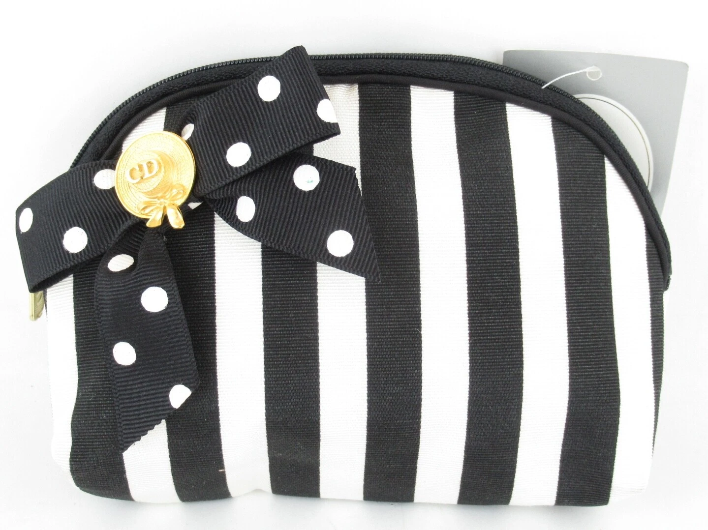 Auth Christian Dior Made in U.S.A Black Big Bow Striped Cosmetic Make Up Pouch