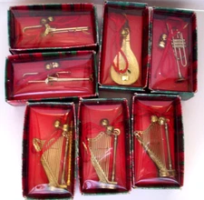 Lot of 7 brass instruments Sounds of Christmas ornament Russ Harp trumpet lute