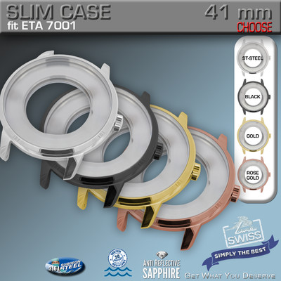WATCH CASE SLIM Ø 41 MM, ETA-7001 COMP D100, ST ST, BLACK,  GOLD, ROSE-GOLD