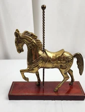 Beautiful Bronze Sculpture Carousel Horse Statue On Wooden Base 9" Tall