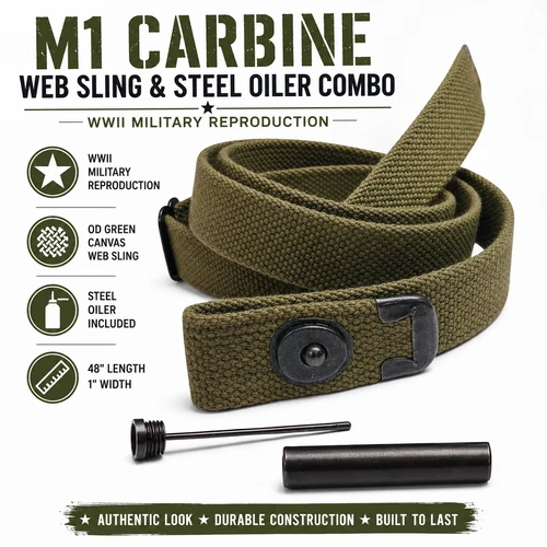 M1 Carbine Web Sling OD Green Cotton Canvas Rifle Sling, 48 x  with Steel Oiler