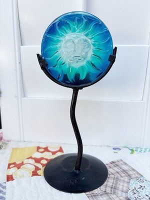 Vintage 90s Y2K Glass Celestial Sun Face Wrought Iron Candle Holder Boho
