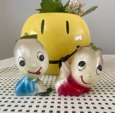 Anthropomorphic Melon Head Salt & Pepper Shakers Vintage
