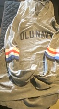 Old Navy Women s Gray Pullover Hoodie Logo Striped Sleeves Pocket Size M