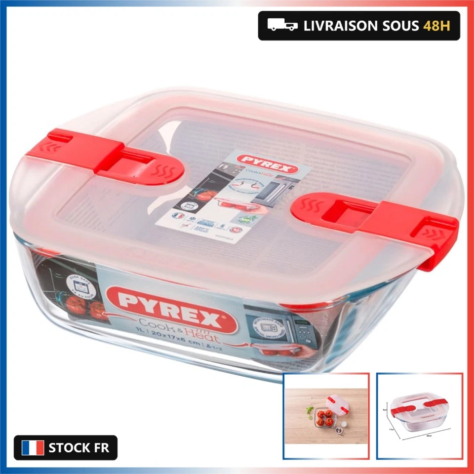 PYREX - Cook&Heat - Plat Carré en Verre avec Couvercle Hermétique Spécial Micro- - Photo 1/4