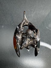 Vintage Scottish Sterling Silver Thistle Brooch Agate Pebble Scotland Pin