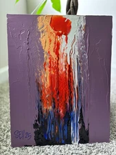 Original 11x14 textured abstract painting with bold purple and fiery colors