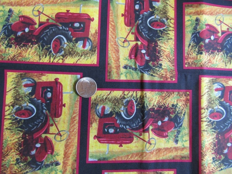 Linda Pickens RED TRACTORS In BLOCKS On BLACK 2020 COTTON Fabric - 1 yd
