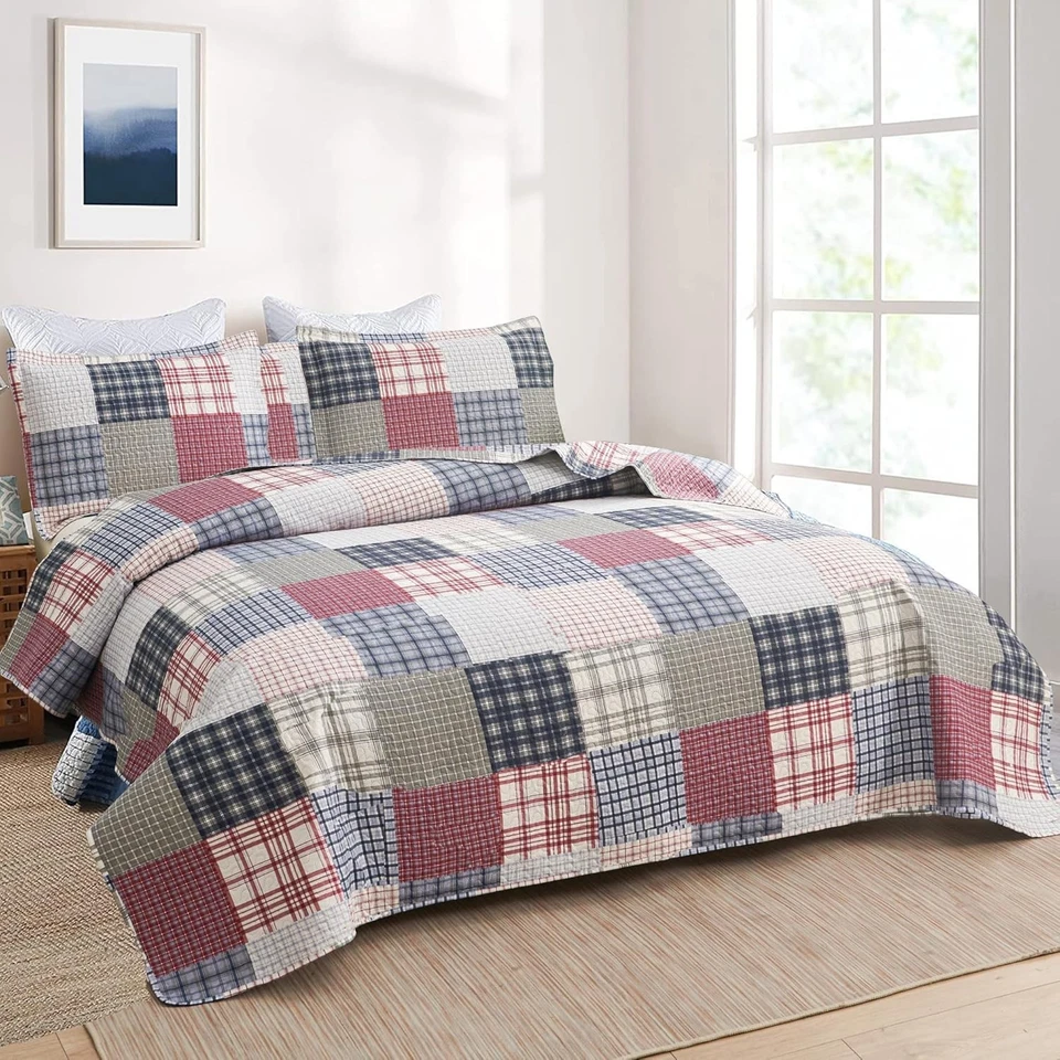 Quilt Set Queen Size Plaid Bedspread Set Soft Lightweight Bedding Set Red Nav... - Image 4 of 4