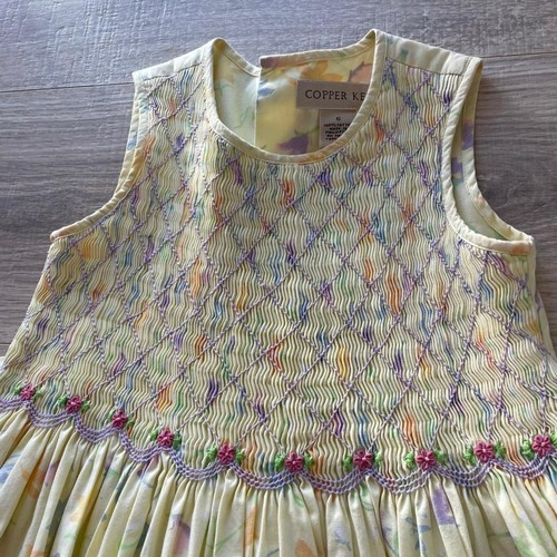 Vintage 90's Butter Yellow Floral Smocked Dress Classic Pastel Cottage Preppy - Picture 7 of 7