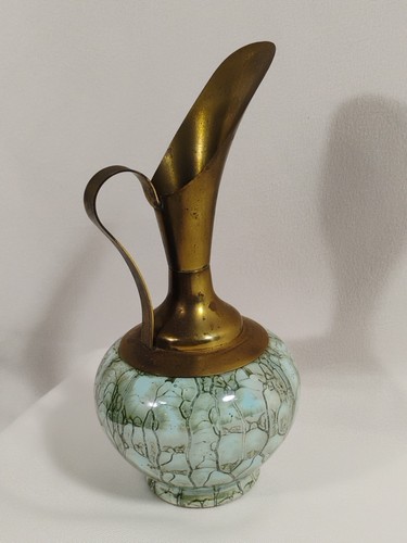 Vtg Delft Holland? 8” Brass/Marbled Ceramic Pitcher Vase Hand Painted Blue Gold - Picture 3 of 9