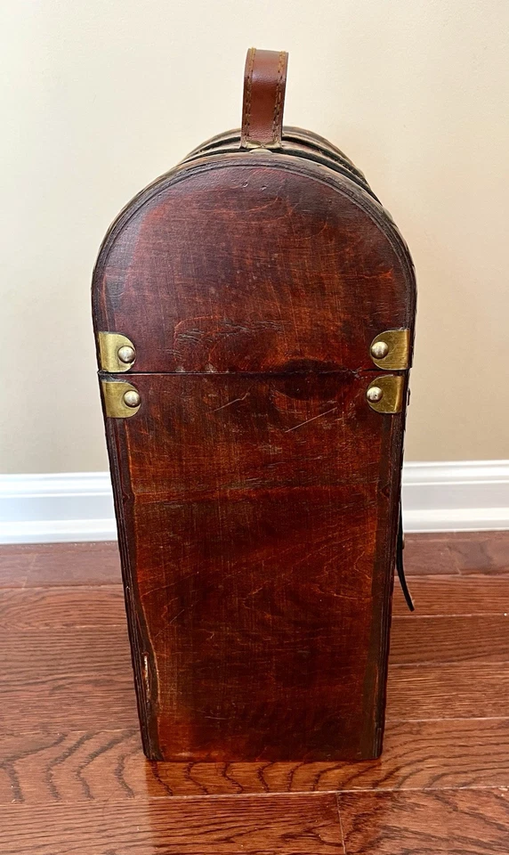 Estuche vintage para dos botellas de vino boho imitación cuero madera tachonado caja de vino portador Foto 2 de 4