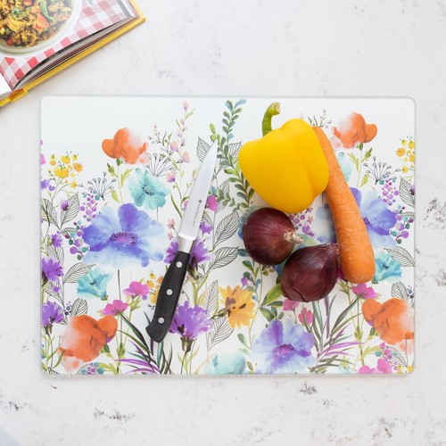 Glass Chopping Board Kitchen Worktop Protector Saver Floral Breakfast 40x30 cm - Picture 3 of 8